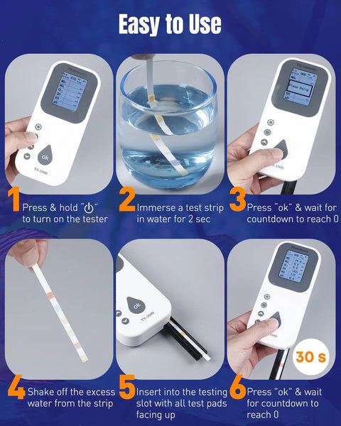 Instructions showing usage of 6 In 1 Digital Aquarium Water Test Kit With 50 Strips For Fresh And Saltwater Tanks Fast And Accurate PH Nitrate Nitrite Chlorine Total Hardness And Carbonate Testing For Fish Tanks.