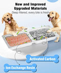 Two dogs near 13L Stainless Steel Dog Water Fountain for Large Breeds showing activated carbon and ion exchange resin filters.