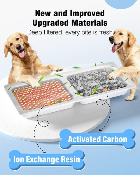 Two dogs near 13L Stainless Steel Dog Water Fountain for Large Breeds showing activated carbon and ion exchange resin filters.