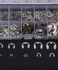 Heavy Duty E Clip Retaining Clip Kit For Gears Pulleys Axles And Engines, Heat Treated 304 Stainless Steel External Circlips, 200 Piece Assortment From 1.5mm To 10mm, Ideal For Locking Mechanisms And Anti Walk Washers shown in a transparent box.
