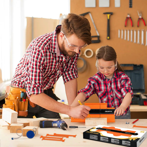 Father and daughter with Connectable Contour Gauge With Lock 10 Plus 5 Inch Extended Profile Duplicator Tool in a workshop