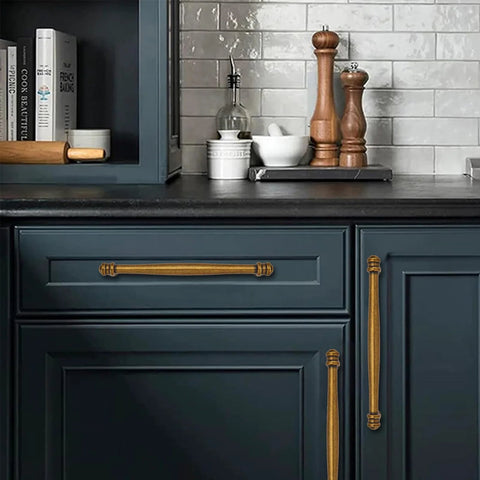 Dark kitchen cabinet with 2 Pack 3-1/2 Inch Center to Center Antique Brass Cabinet Pulls, solid heavy-duty hardware in durable aluminum or stainless steel.