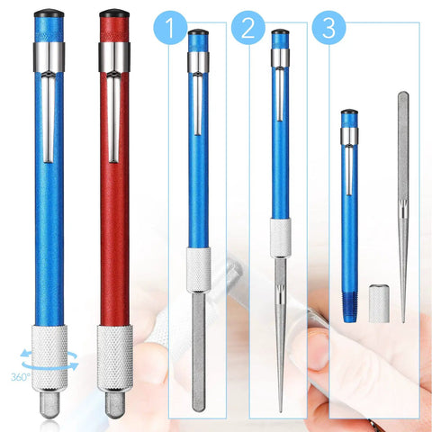 Diamond Retractable Knife Sharpener Pen Style Dual Pack Steel Diamond Rod Edge For Kitchen And Outdoor Knives Ultra Portable Easy Grip Tool In Sky Blue Or Red Fits Ceramic And Standard Blades shown with components