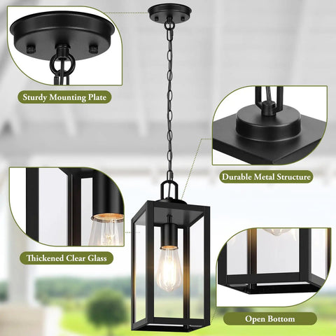 Slick Modern Outdoor Pendant Light, Top Notch Hanging Lantern For Front Porch And Entryway With Heavy Duty Weatherproof Build In Matte Black Finish, showing sturdy mounting plate and clear glass.