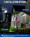 Two installation options for Ten Pack Solar Spot Lights Outdoor IP67 Waterproof With 63 LED Ultra Bright Landscape Spotlights; mounted on house.