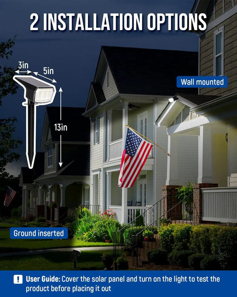 Two installation options for Ten Pack Solar Spot Lights Outdoor IP67 Waterproof With 63 LED Ultra Bright Landscape Spotlights; mounted on house.