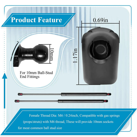 10 Pcs M6 Female Thread Gas Spring End Fittings For 10mm Ball Stud Grab-And-Go Strut Accessories, Easy Install, Fits Most Gas Springs With M6 Threads, Durable High Quality Hardware. Black PA66 nylon 10mm ball-stud end fittings, 1.17in