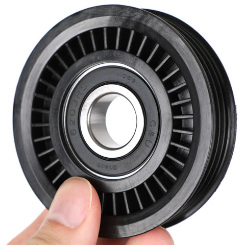 Heavy Duty 2 Pack Belt Idler Pulley Set For Subaru Baja 2003 To 2006 Impreza Legacy Outback Reliable Replacement Part Fits Oem Numbers 73131-FC000 And 73134-AC001 Durable Black Finish, black pulley close-up