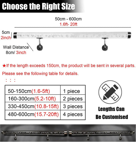 Hella Durable Acrylic Round Grab Handle With Rock Solid Metal Brackets Straight Up Secure Indoor Outdoor Wall Mount Safety Railing showing size options and installation details.