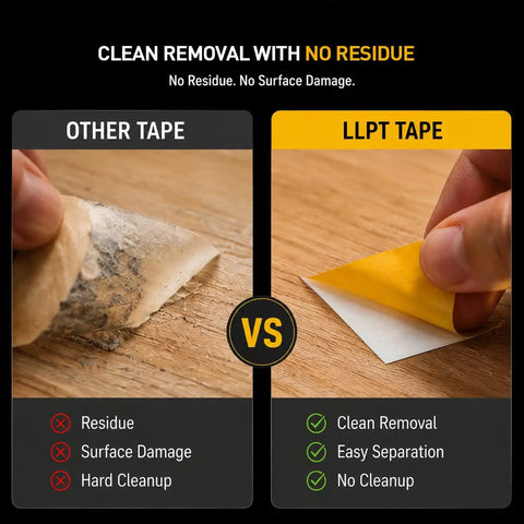 Comparison of other tape and Double Sided Woodworking Tape For CNC Templates And Pattern Routing, showing residue vs clean peel