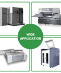 Wide application of machinery including printers, cutters, and CNC machines with various operational capabilities.