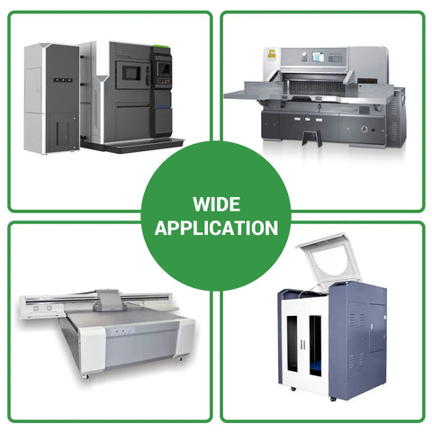 Wide application of machinery including printers, cutters, and CNC machines with various operational capabilities.