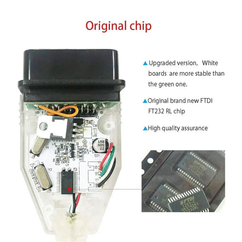 K Can USB Diagnostic Cable With Switch For BMW E Chassis 1998 To 2019, showing FT232RL chip close-up.