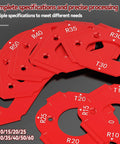 Premium Aluminum Router Corner Radius Template Set With Smack On Guidance, showing red radius templates for precise cuts.