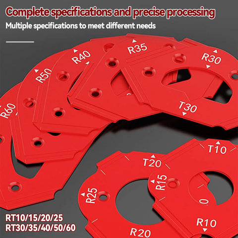 Premium Aluminum Router Corner Radius Template Set With Smack On Guidance, showing red radius templates for precise cuts.