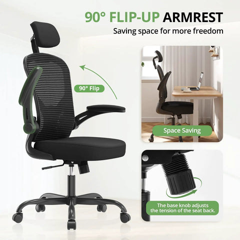 Ergonomic desk chair showing flip-up armrest feature and lumbar support; black color, ideal for long hours in home office.