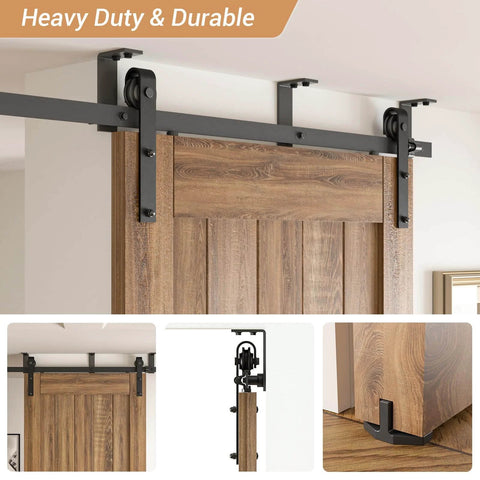 Close-up of 7 Foot Ceiling Mount Sliding Barn Door Hardware Kit Black Heavy Duty Steel Roller Hanger L Shape Bracket System installed
