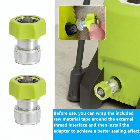 Aluminum Three Quarter Inch Pressure Washer Hose Adapter With Built In Filter, showing 2-pack and connector installation.