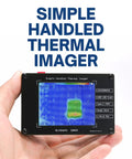 Pocket Friendly Portable Handheld Thermal Camera With Infrared Imaging Non Contact Heat Detector 24 By 32 Resolution Minus 40C To 300C Range 2C Accuracy 2.8 Inch TFT Display Type C Interface PC Link Data Storage, shown with thermal image display in hand.