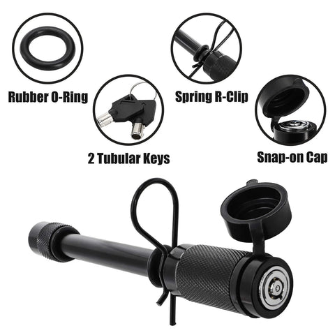 Image of Five Eighth Inch Trailer Hitch Lock With Extra Long Four And A Half Inch Span for Three Inch Receivers plus adapters.