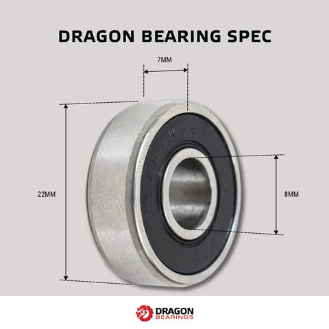 Close-up of a Dragon Roller Skate Bearings 16 Pack Ultra Smooth Endure Pre Lubed All Weather High Performance Inline Skate Bearings with dimensions.