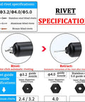 Specifications for 26V Brushless Cordless Rivet Gun Electric Blind Riveter Tool Kit Dual Use shown with rivet and retraction details.