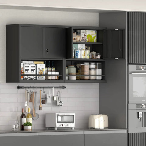 Beefy Metal Wall Cabinet With Doors And Shelves Locking Garage Storage Cabinet For Workshop Warehouse And Home Office Heavy Duty Steel Wall Mounted Black, open with items stored inside on kitchen wall.