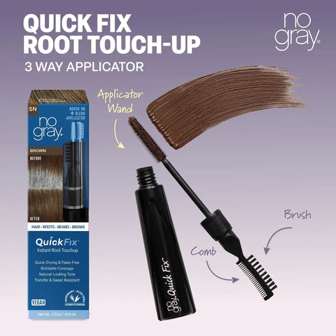 Quick Fix Gray Cover Up For Roots Beards And Brows Light Brown Shade Instant Root Touchup Brush with wand and comb details.