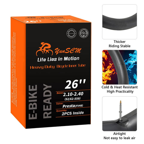 Two Pack Beefy 26 Inch Bike Inner Tubes 26x2.10 To 2.40 With FV48mm Presta Valve in orange box packaging