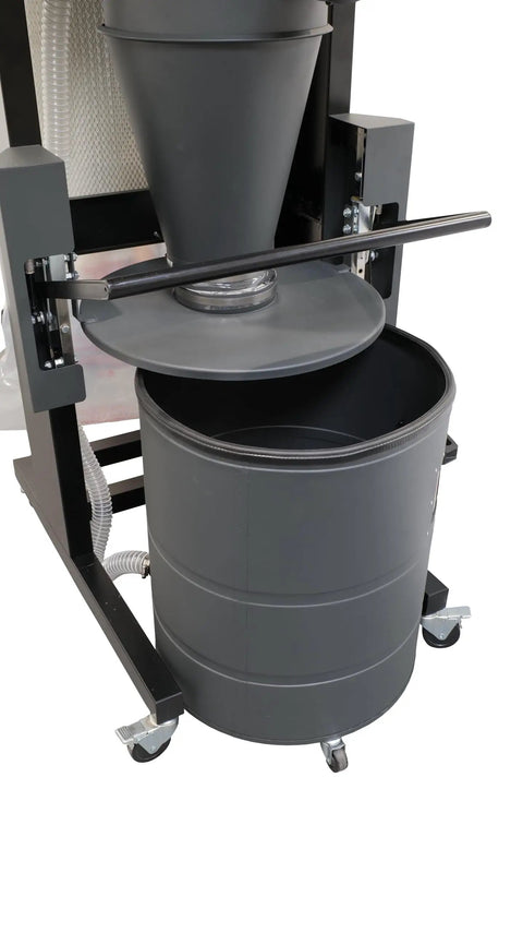 Top Shelf Cyclone Dust Collector With 1 5HP Motor And 110V Power Featuring Thermal Overload Protection Non Sparking Aluminum Impeller quick release lid and gray debris collection drum.