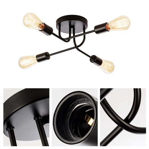 Industrial Semi Flush Mount Four Light Ceiling Fixture with adjustable black metal branches, E26 base, vintage style lighting.
