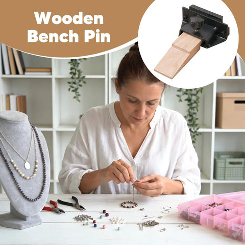 Woman using Wooden Bench Pin for Jewelry Making and DIY Projects, Grab and Go Portable Workbench Tool With Adjustable Clamp