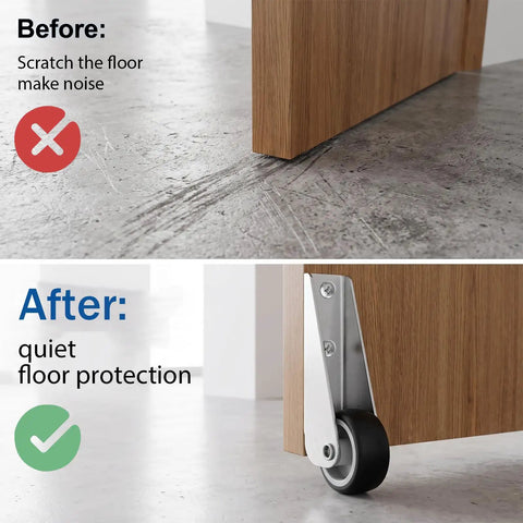 Heavy Duty Low Profile Caster Door Support Wheel Replacement For Garden Gates Rustproof Stainless Steel And Rubber Roller Smooth As Butter Silent Glide Built Tough To Eliminate Door Sagging On Heavy Fences With Zero Sweat before and after image showing floor protection.