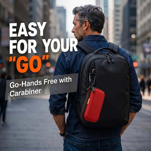 Badass Small Hard Shell Eva Zipper Case For Electronic Accessories Red Compact Travel Organizer Bag attached to backpack with carabiner.
