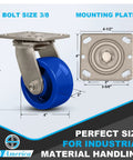 Heavy Duty Swivel Casters With Solid Polyurethane Wheels Stainless Steel Industrial Set Of Four 3000 Pound Capacity, 4 inch wheel, 5.5 inch height.