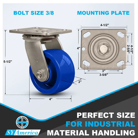 Heavy Duty Swivel Casters With Solid Polyurethane Wheels Stainless Steel Industrial Set Of Four 3000 Pound Capacity, 4 inch wheel, 5.5 inch height.