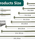 Tough As Nails Outdoor Timber Screws 40 Pack 5/16 X 12 Inch Self Drilling Lag Bolts size chart showing various lengths and included hex socket.