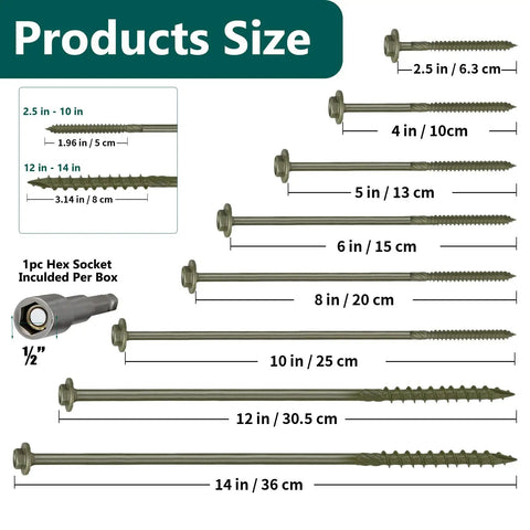 Tough As Nails Outdoor Timber Screws 40 Pack 5/16 X 12 Inch Self Drilling Lag Bolts size chart showing various lengths and included hex socket.