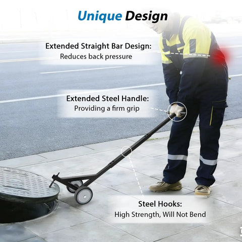 Person using Heavy Duty Manhole Cover Hook With Double Wheels For Easy One Person Lifting Of Storm Drains Sewer Lids Septic Tanks And Steel Covers
