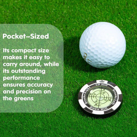 ProGreen Reading Tool For Golfers Green Reading Aid With High Precision Bubble Level Ball Marker And Slope Indicator Tough Black Accessory next to golf ball on grass