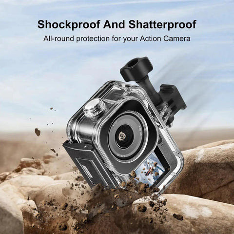 Underwater Dive Case For Osmo Action 6 Waterproof Housing Up To 60 Meters Deep with tempered glass lens on rocky terrain