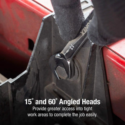 Metric Angle Wrench Set 6mm To 19mm, 14 Piece Fully Polished Pro Grade Alloy Steel in use with 15° angled head in tight space