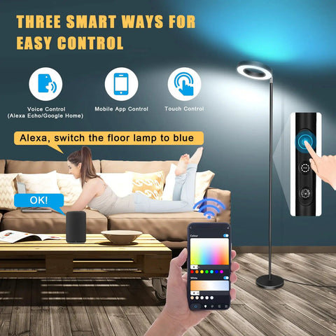 Double Sided LED Floor Lamp With Alexa And Google Home Voice Control 42W 3700LM Dimmable RGB CW Color Changing Torchiere 2700K To 6500K Bright Standing Light For Bedroom And Living Room