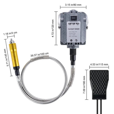 Beefy 1000W Flex Shaft Rotary Tool Kit With 30,000 RPM High Speed Motor, 6.5mm Carver, 3 Jaw Chuck, foot pedal dimensions shown
