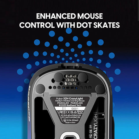 Bottom view of Lock In With This CrazyLight Wireless Gaming Mouse featuring dot skates for enhanced control and smooth gliding.