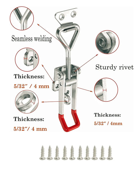 Beefy Heavy Duty Stainless Steel 304 Adjustable Toggle Clamp Catch With Lock Hole, dimensions and screws shown