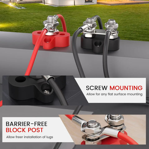 Beefy M10 3/8 Single Stud Terminal Block, Hassle Free Rock Solid Battery Power Distribution Bus Bar set in red and black with screw mounting.
