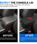 Before and after of Dodge Charger Center Console Cover Leather Armrest With Red Stitching for 2011 to 2023 Charger and 2015 to 2022 Chrysler 300