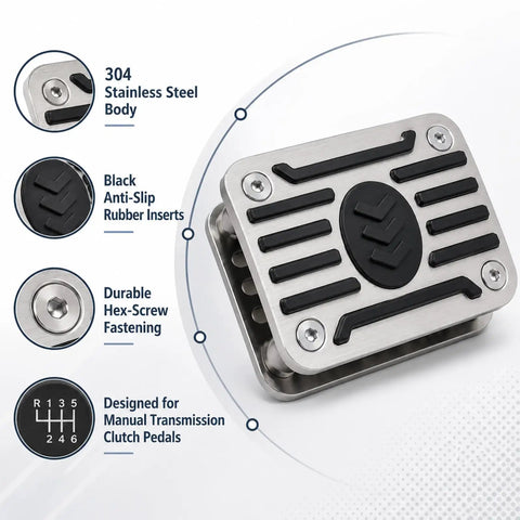 Heavy Duty 304 Stainless Steel Clutch Pedal Extender with Grippy Anti Slip Rubber Surface For Manual Transmission Cars, showing durable design features.