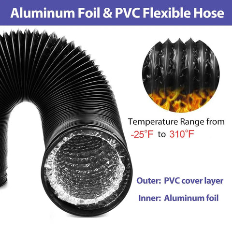 Space Saving Dryer Vent Hose Kit For Tight Spaces Inside The Home, 90 Degree Elbow, Vent Connector, Duct, Adapter And Vacuum Hose Attachment With Easy Install And Tight Seal, black aluminum foil and PVC flexible hose with temperature range from -25°F to 310°F.